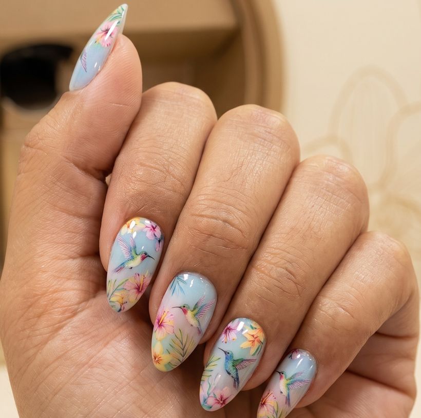 Uñas con colibríes y flores tropicales