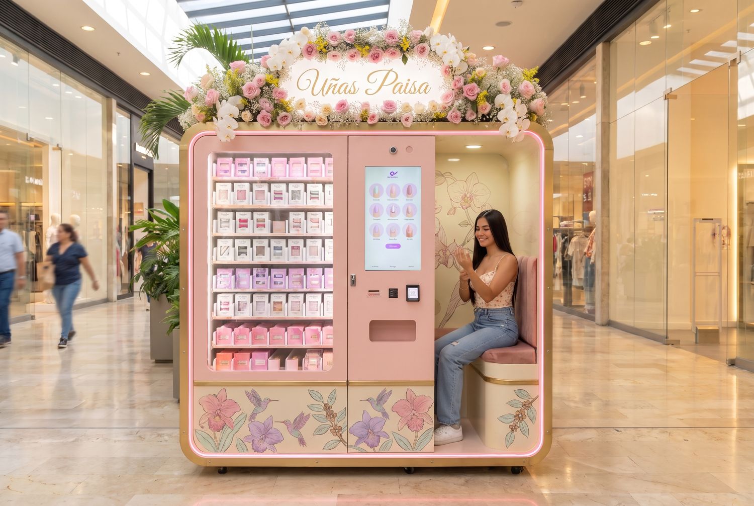 La cabina Uñas Paisa en un centro comercial, con una chica sentada adentro mirando sus uñas nuevas